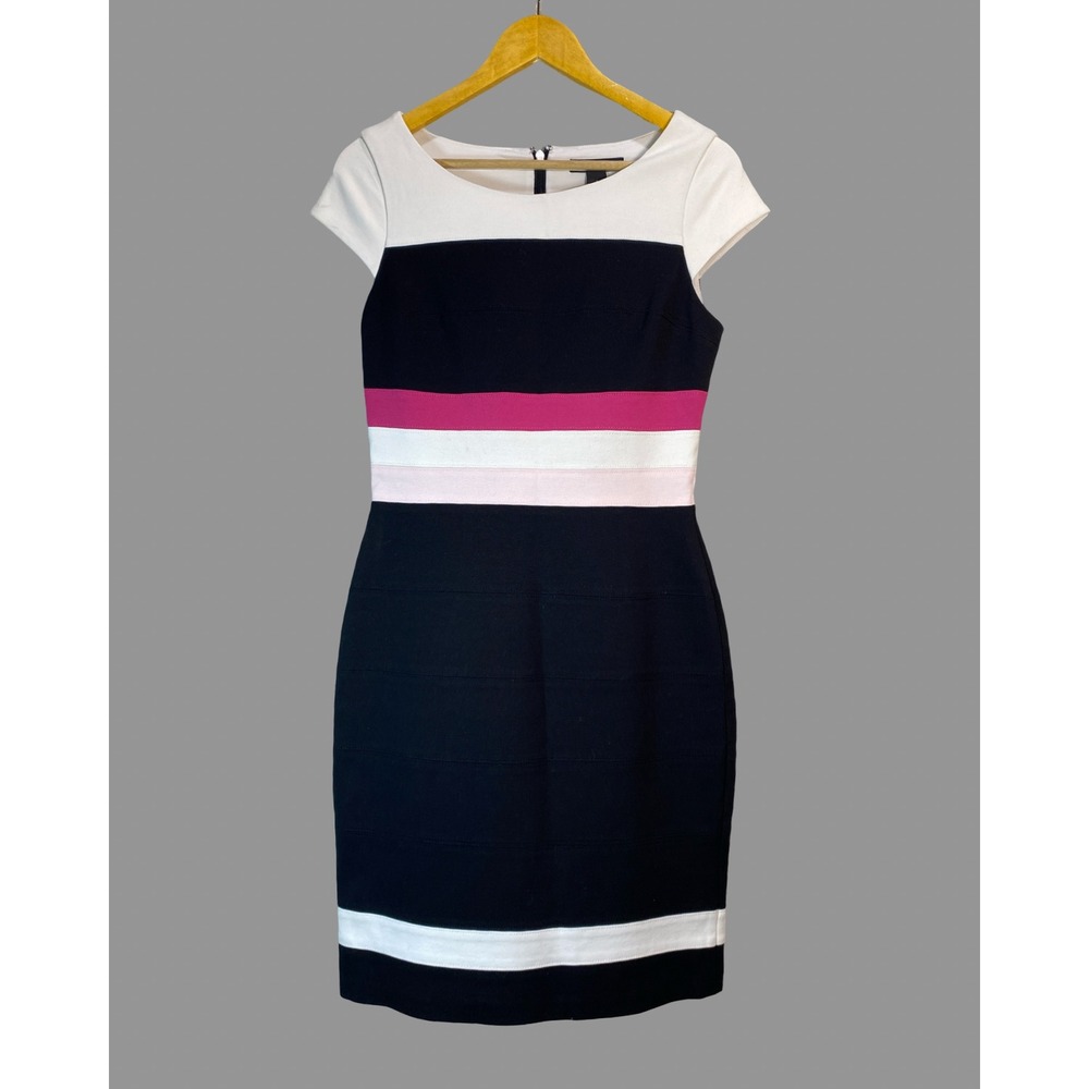 White House Black Market Colorblock Sheath‎ Dress Black Pink White Cap Sleeve 6